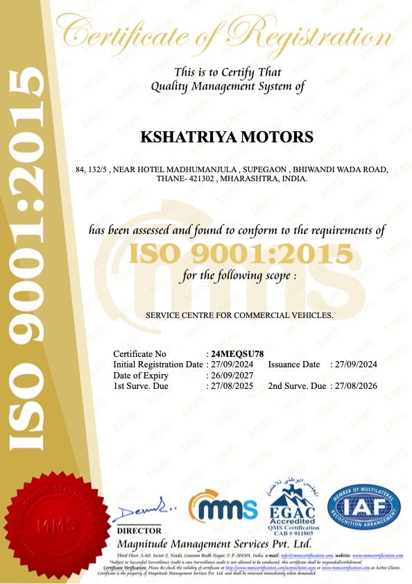 Kshatriya Motors ISO certificate
